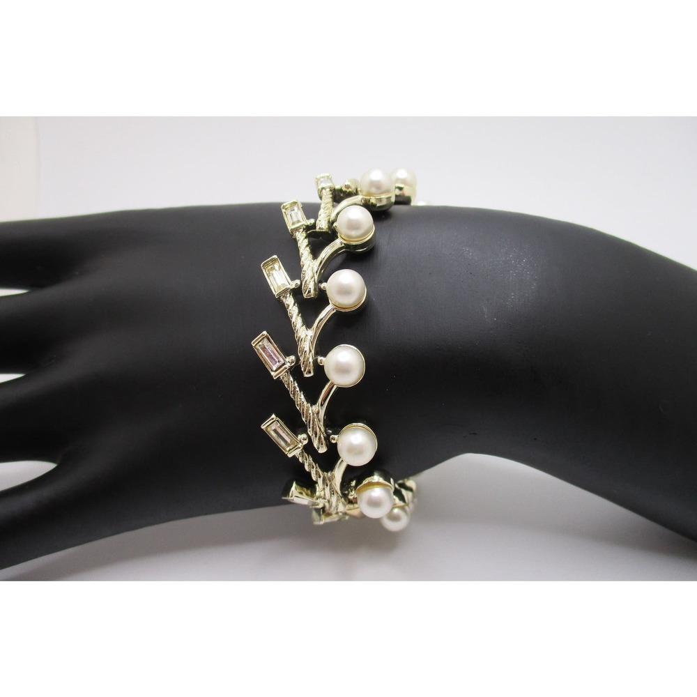 Vintage Kramer Branch Link Bracelet with Pearls and Baguette Rhinestones 7 Inch